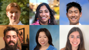 Siebel Scholars Foundation’s class of 2025, clockwise from top left, Cade Gordon, Sakshi Shah, Oliver Yu, Eric Markley, Jessica Lin, and Claire Hilburger.