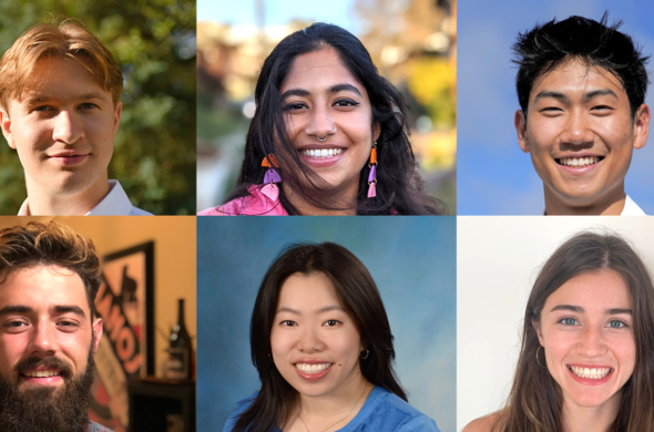 Siebel Scholars Foundation’s class of 2025, clockwise from top left, Cade Gordon, Sakshi Shah, Oliver Yu, Eric Markley, Jessica Lin, and Claire Hilburger.