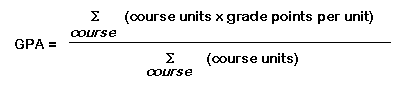equation: GPA = sum of course units times grade points per unit over sum of course units